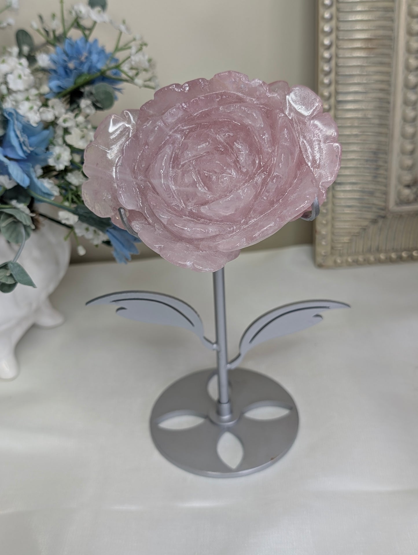 Rose Quartz Flower on Custom Stand
