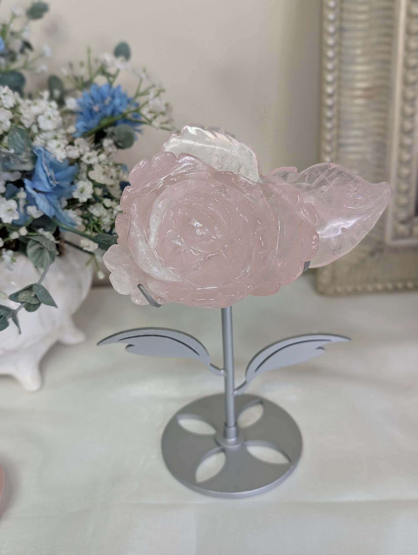 Rose Quartz Flower on Custom Stand
