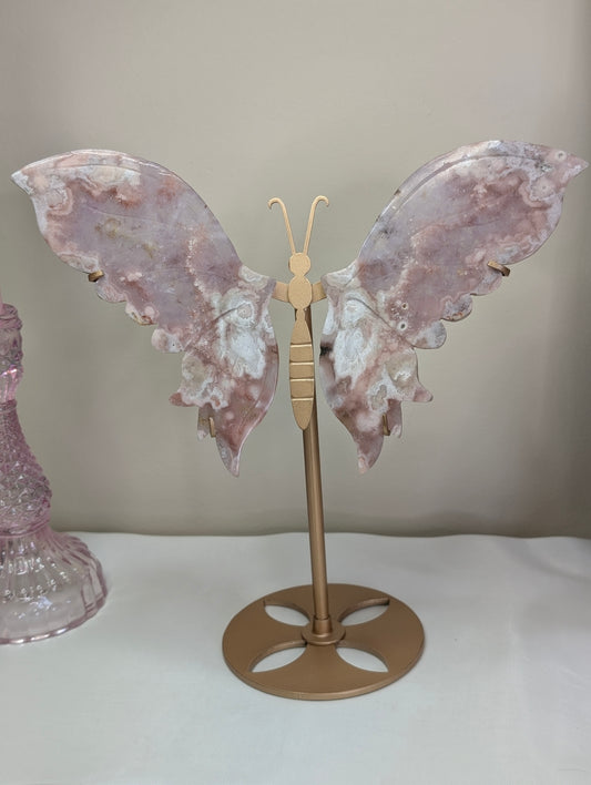 Pink Amethyst Flower Agate Wings on Custom Stand