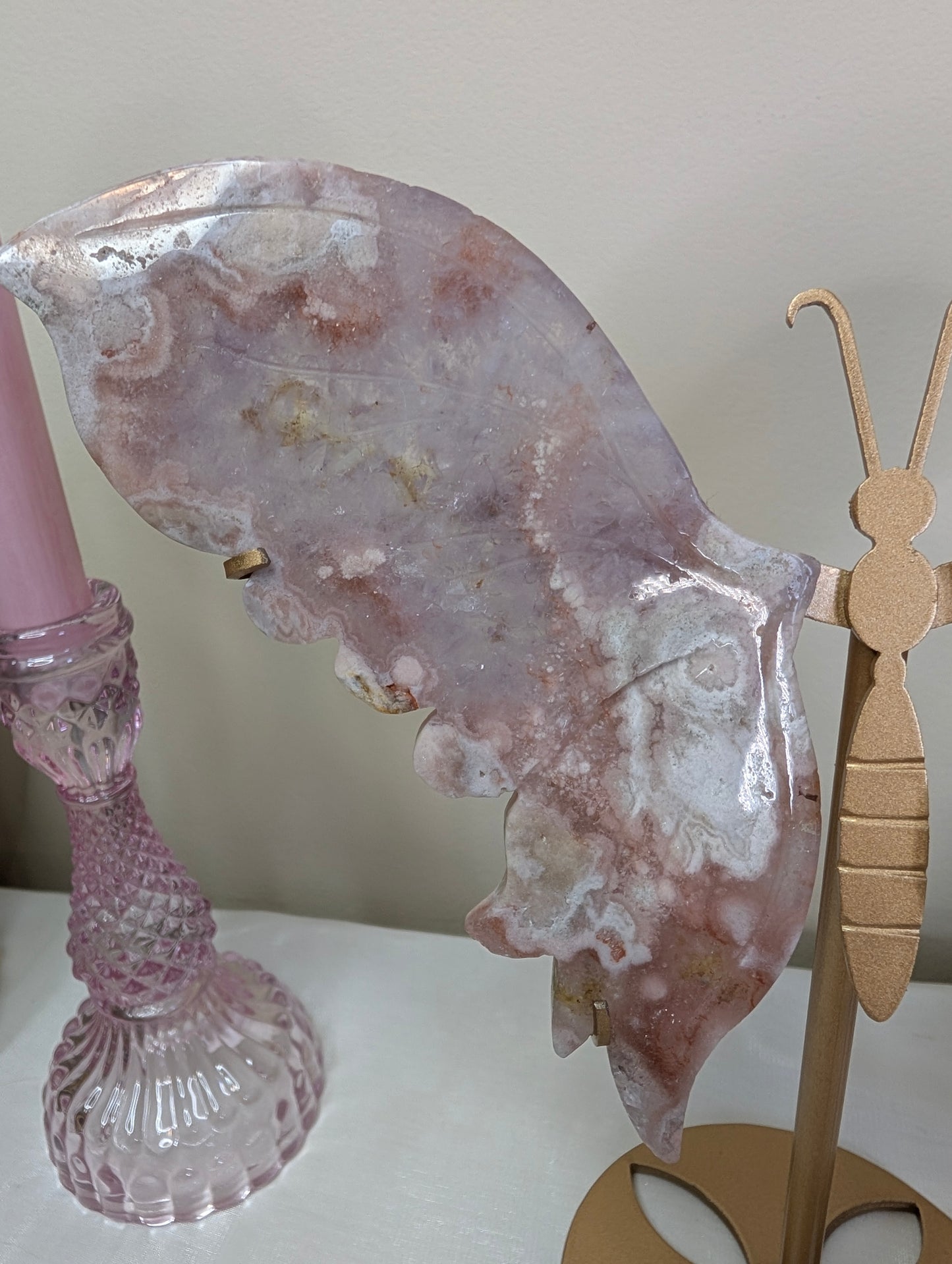 Pink Amethyst Flower Agate Wings on Custom Stand