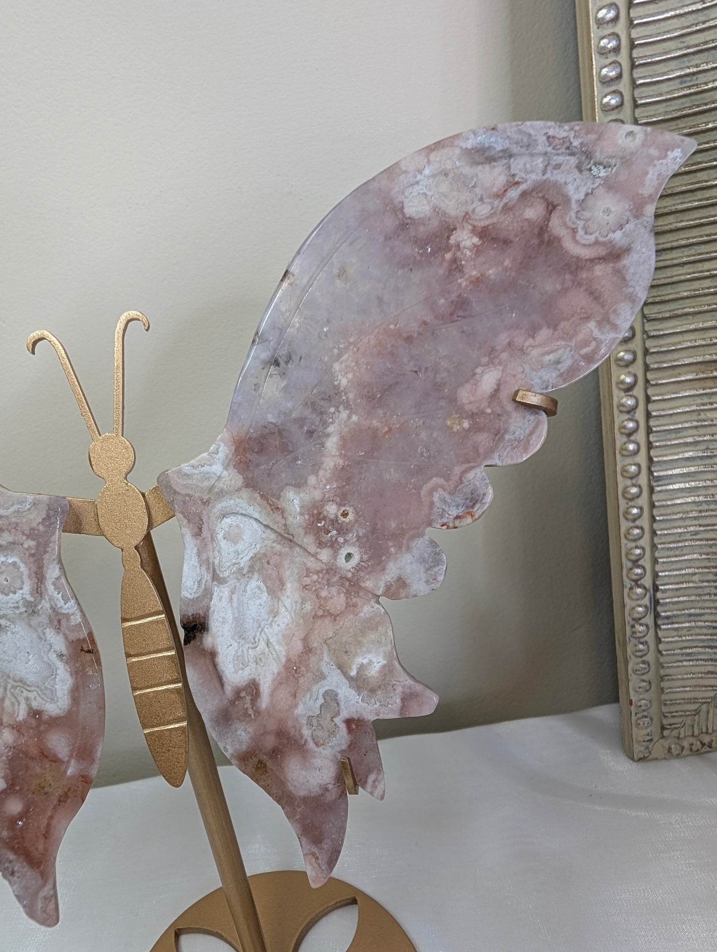 Pink Amethyst Flower Agate Wings on Custom Stand